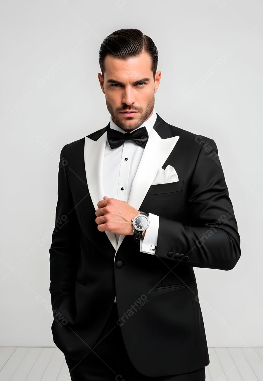 Homem caucasiano de smoking preto e branco para evento de gala