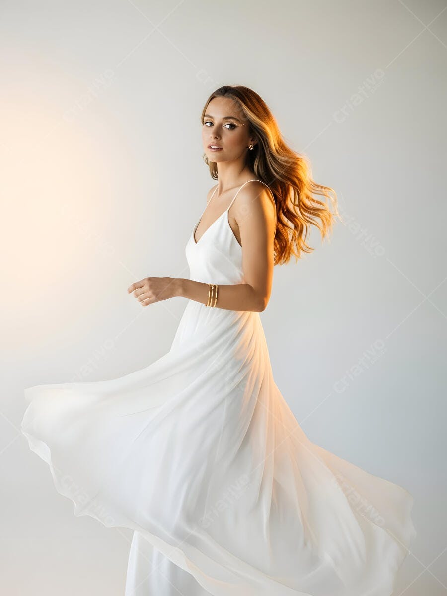 Mulher elegante em vestido branco esvoaçante em estúdio com luz dourada