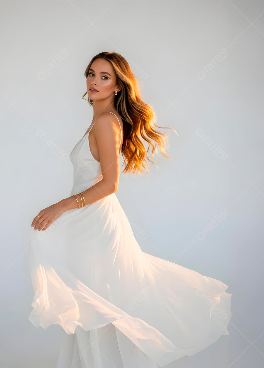 Mulher loira em vestido branco esvoaçante pose elegante estúdio