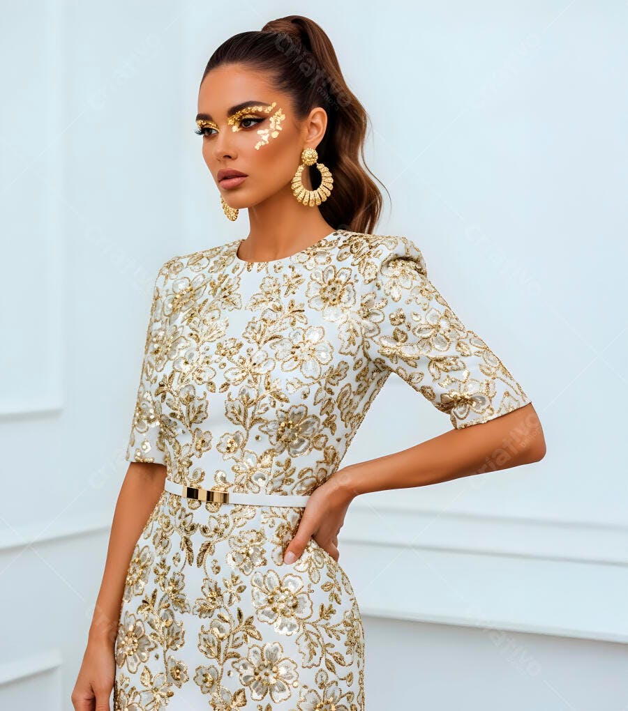Mulher elegante com vestido branco bordado dourado e maquiagem artística