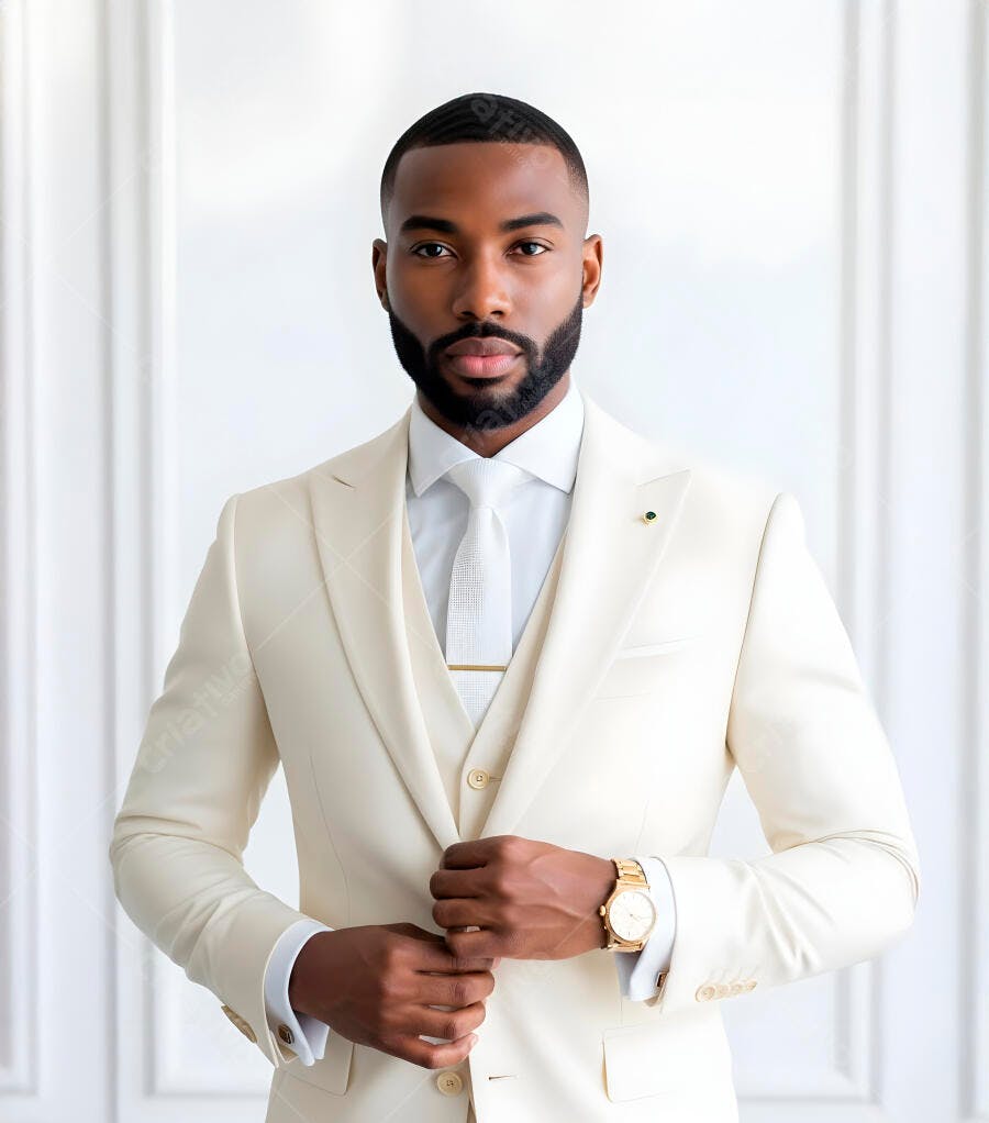Homem negro elegante de terno creme posando formalmente com relógio dourado