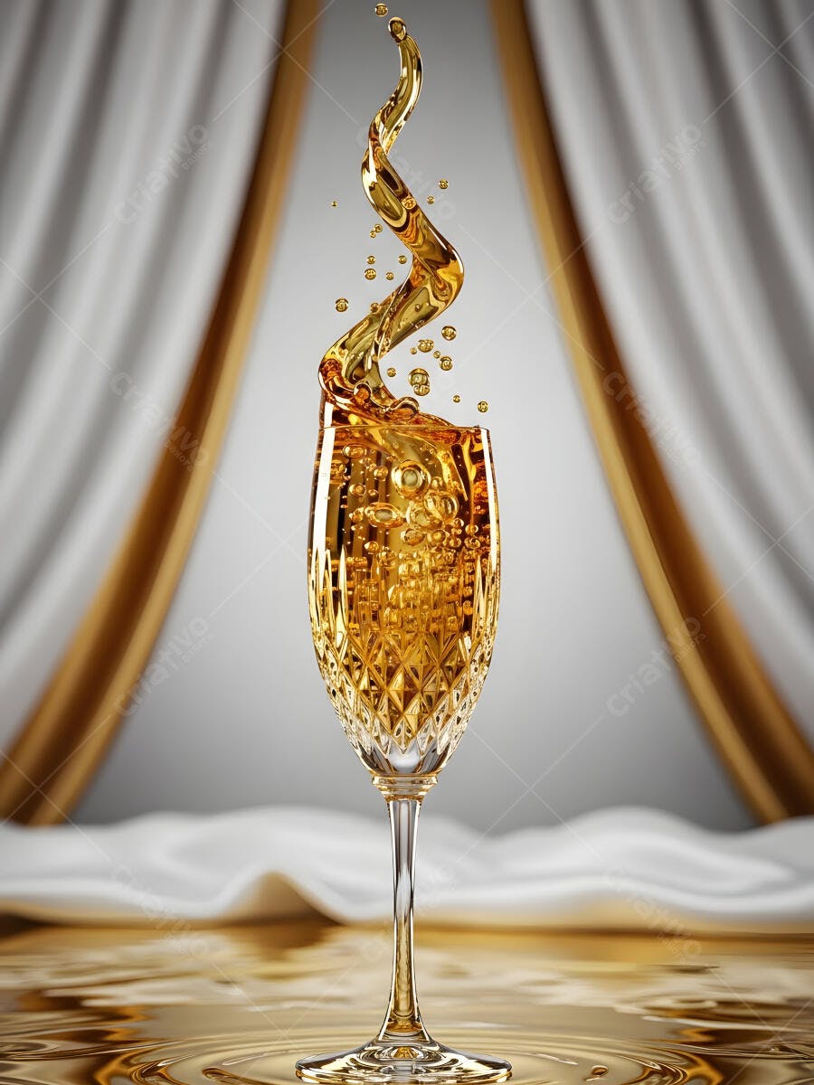 Taça de champanhe luxuosa com líquido dourado espirrando