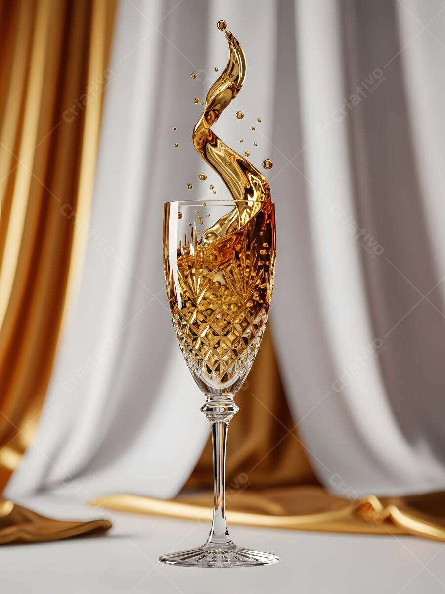 Taça de cristal com líquido dourado espirrando em fundo luxuoso branco e ouro