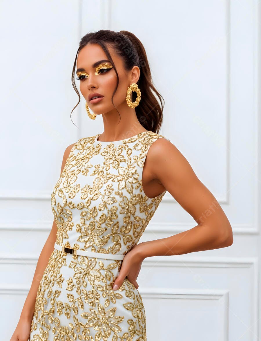 Modelo elegante posando com vestido branco dourado e maquiagem brilhante para festa de gala