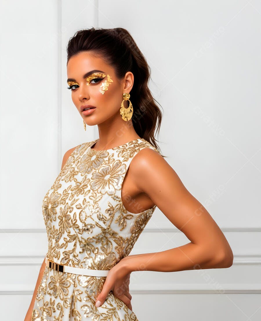 Mulher morena modelo com vestido branco dourado e maquiagem ouro em estúdio elegante