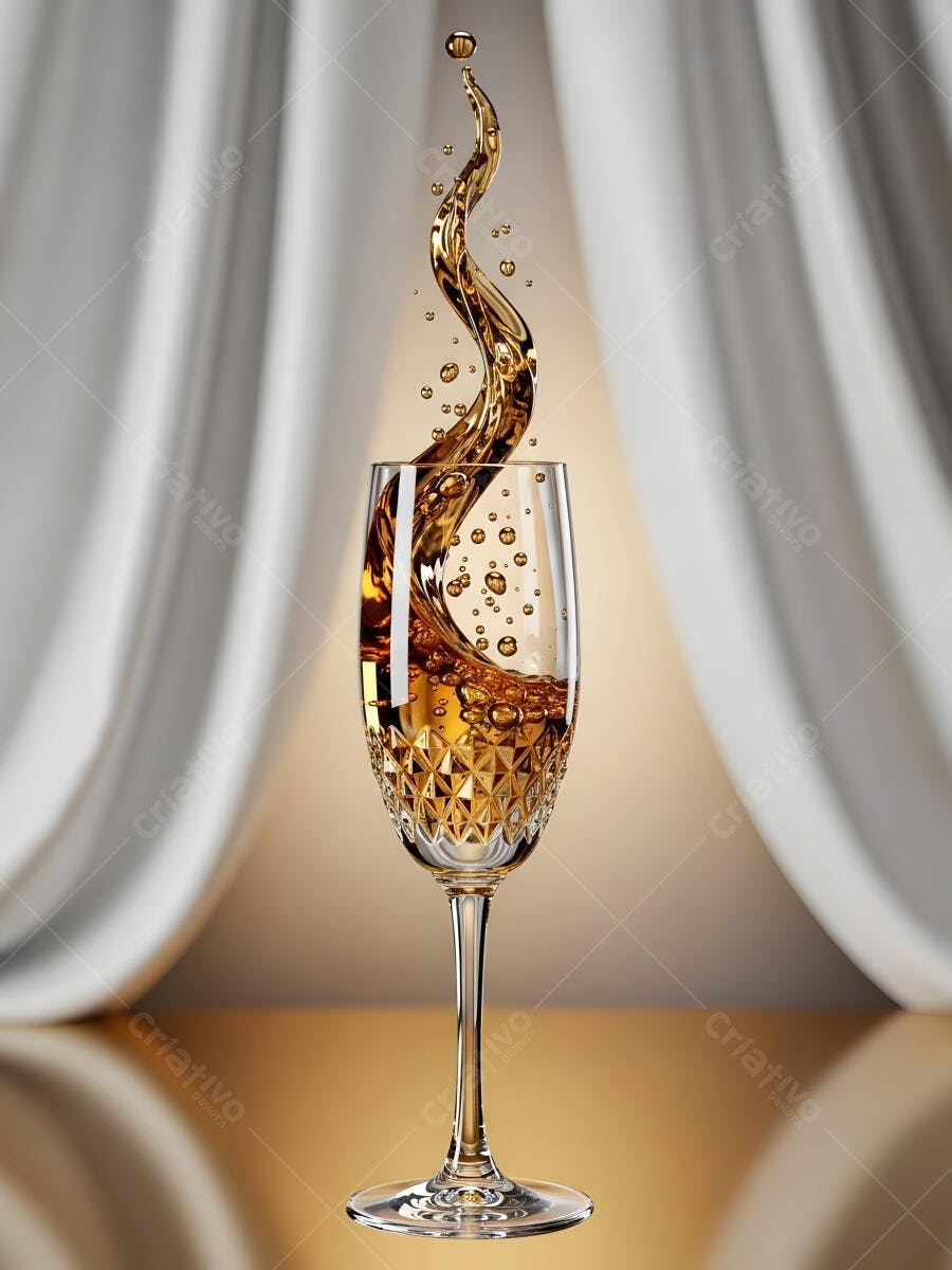 Champanhe dourado espirrando de taça de cristal em fundo elegante para celebração