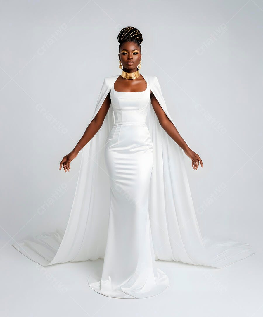 Modelo afro-americana em vestido branco de gala com capa e joias douradas