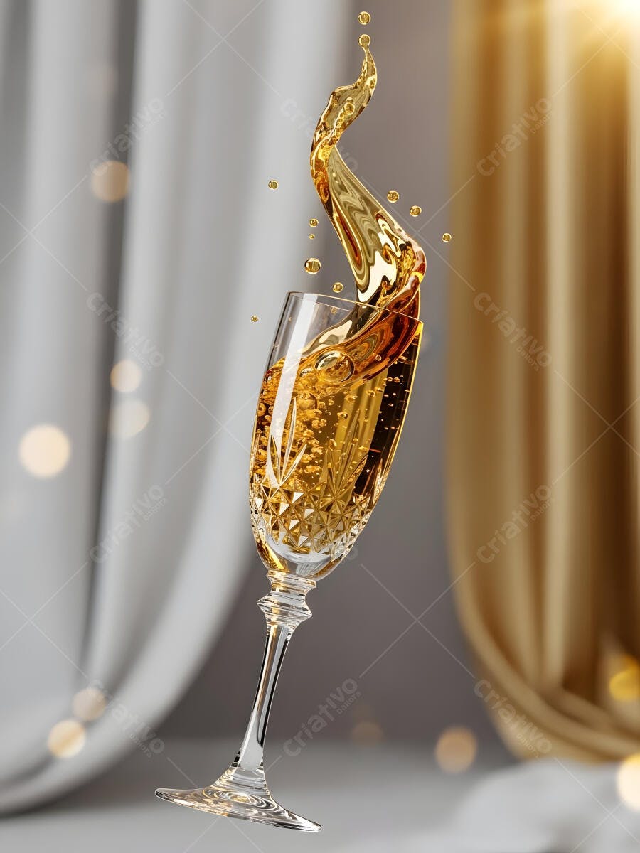 Taça de champanhe dourado com respingo vibrante celebração festa