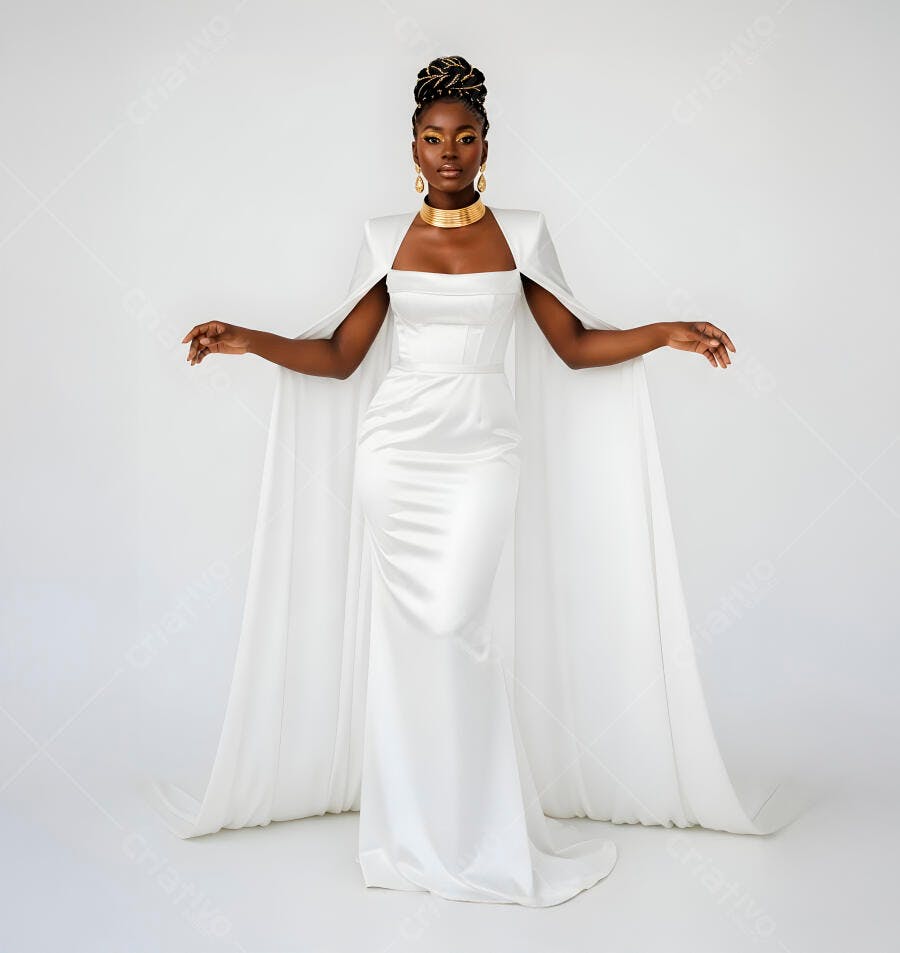Mulher negra em vestido de noiva branco elegante com capa e joias douradas