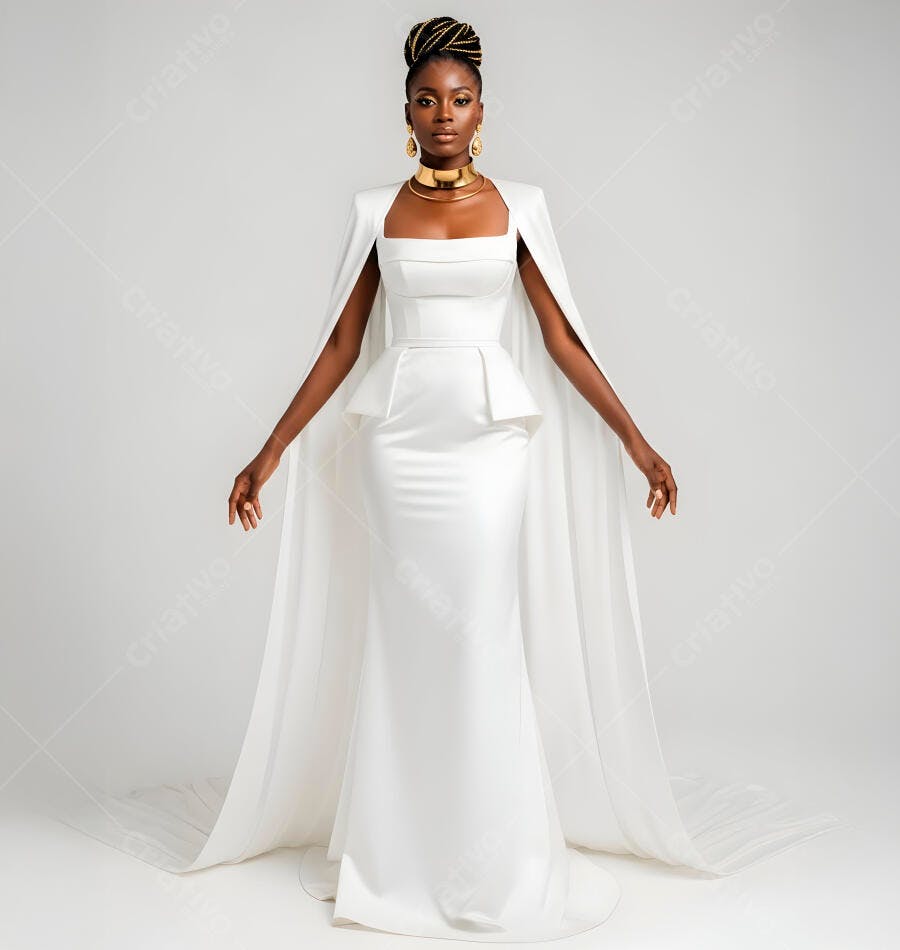 Modelo Mulher negra elegante vestido branco longo capa joias douradas