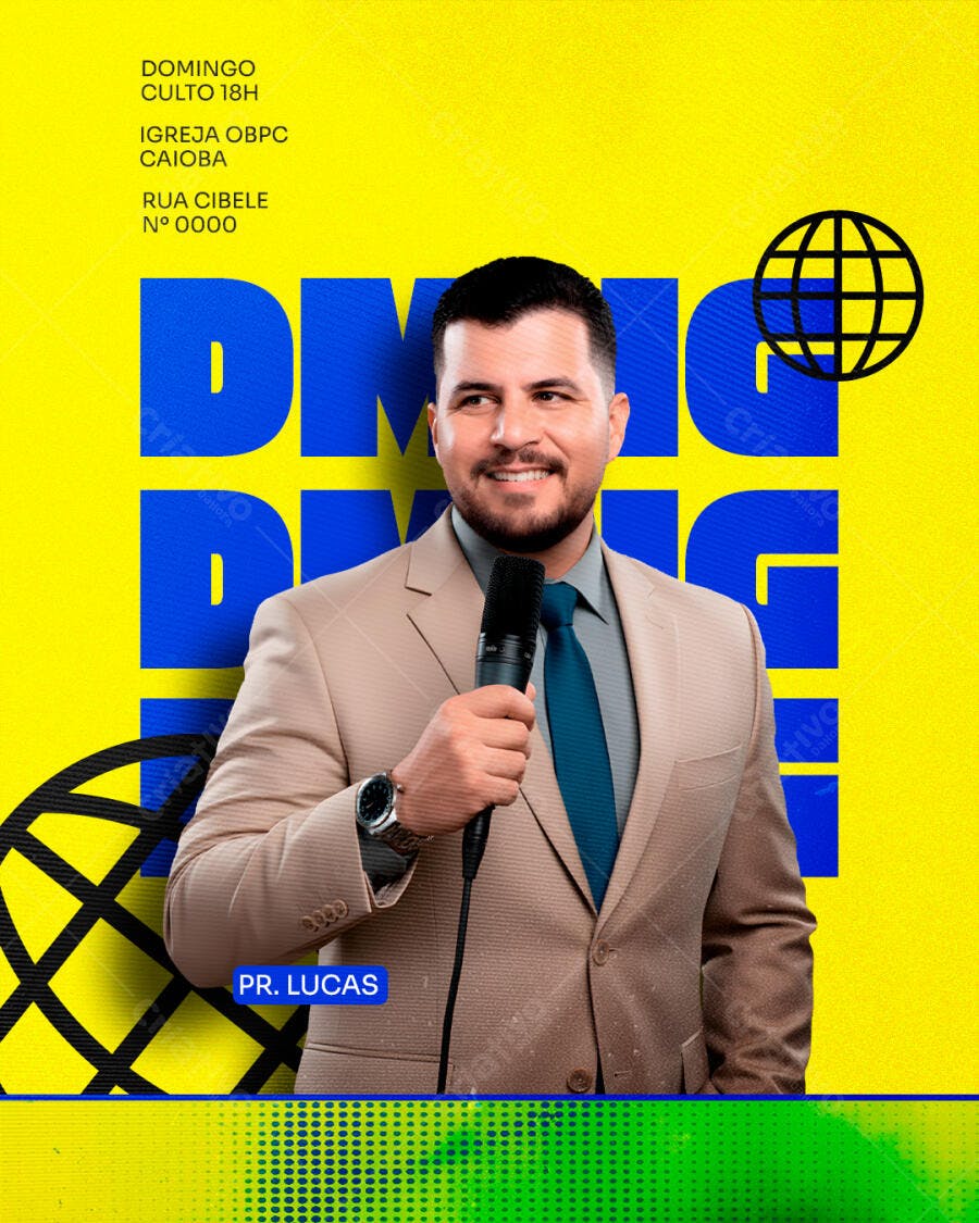 Flyer Culto Domingo Pastor Lucas Igreja OBPC PSD Editável