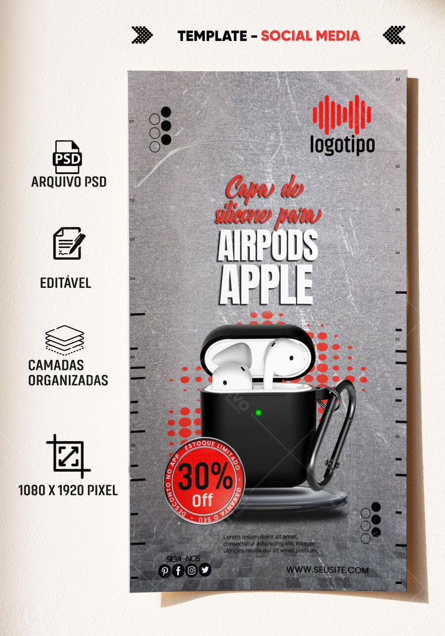 Flyer Oferta Capa Silicone AirPods Apple 30% Off PSD Editável