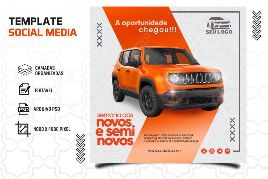 Post Social Media SUV Laranja para Semana Novos e Seminovos PSD Editável
