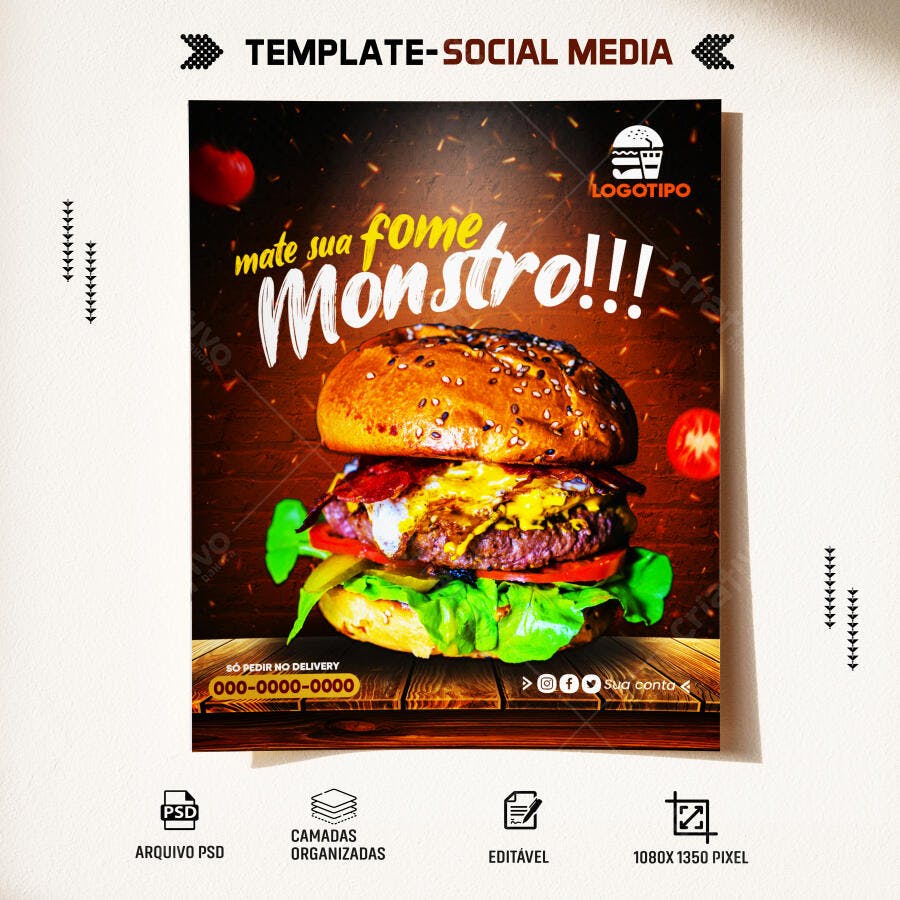 Flyer de Hambúrguer Monstro para Lanchonete PSD Editável