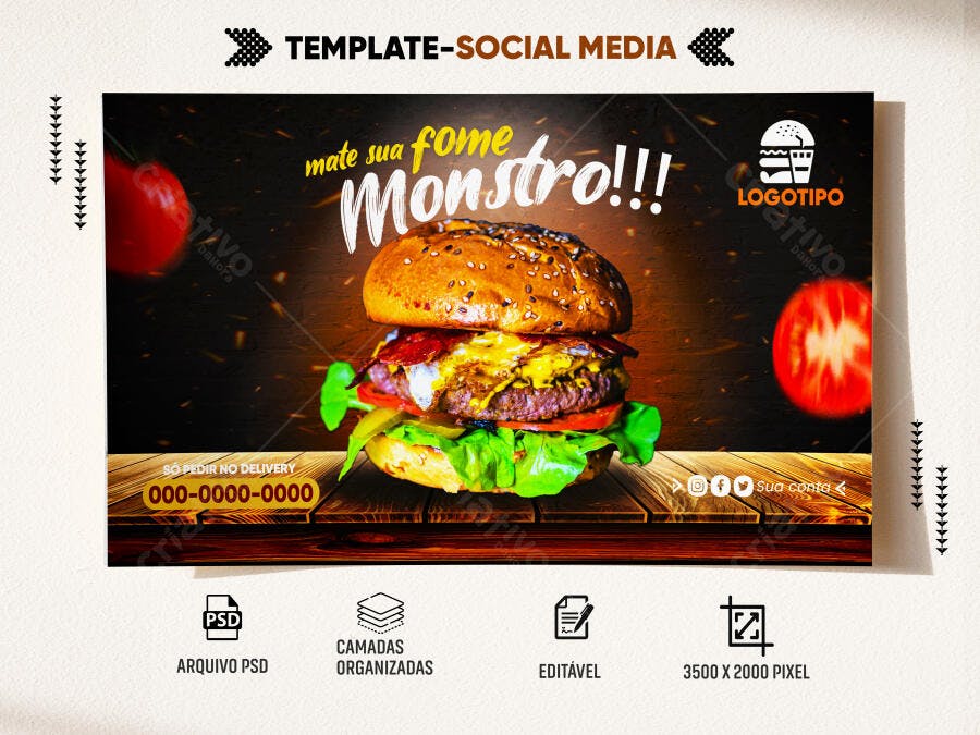 Flyer Social Media para Hambúrguer Monstro PSD Editável