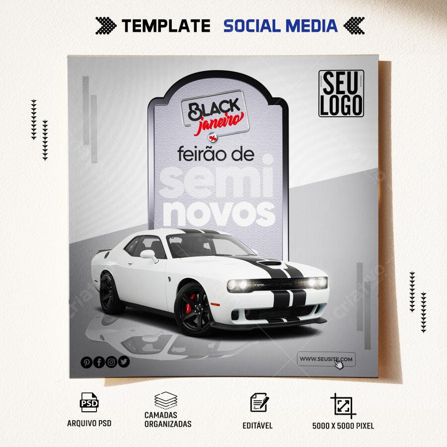 Post Social Media para Feirão de Semi Novos Black Janeiro PSD Editável