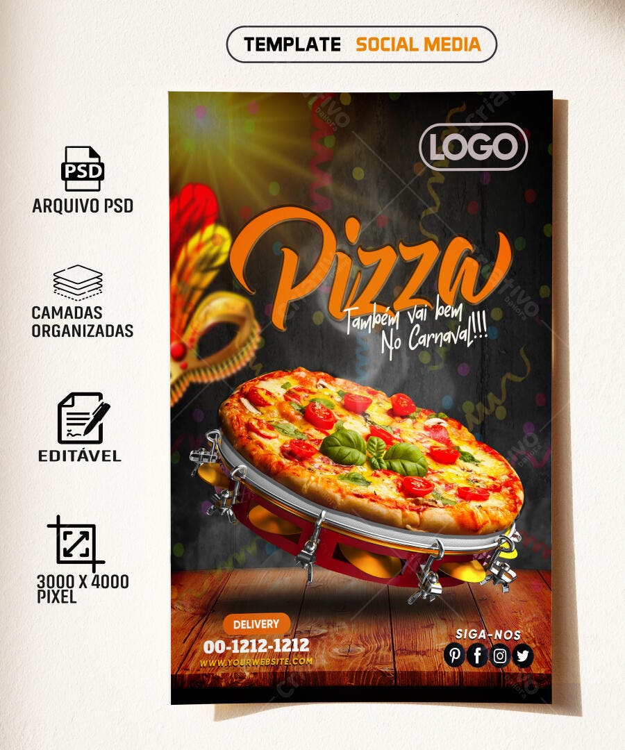 Flyer Social Media para Pizza de Carnaval PSD Editável