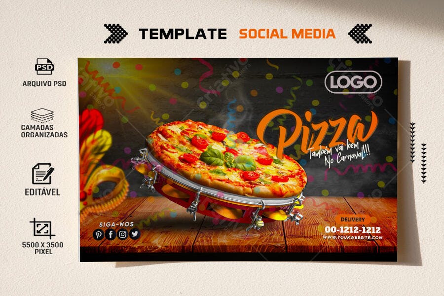 Flyer Pizza de Carnaval com Pandeiro PSD Editável