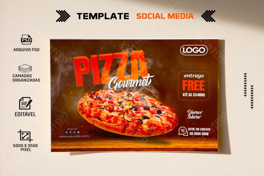 Flyer Pizza Gourmet Diversos Sabores Entrega Grátis PSD Editável