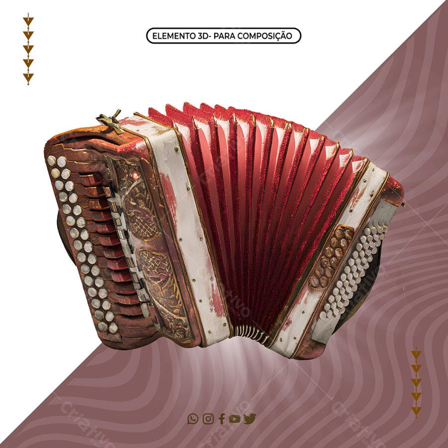 Elemento 3D Acordeão Sanfona Rústica para Festa Junina PSD Editável