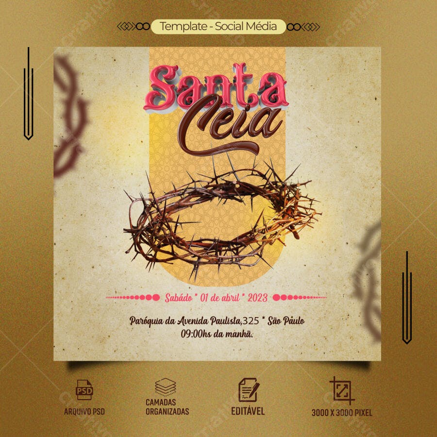 Flyer Santa Ceia Igreja Coroa de Espinhos fundo dourado PSD Editável