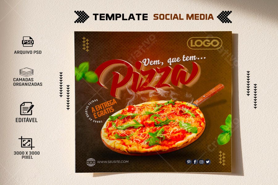 Flyer Social Media Pizza Entrega Grátis Quarta-feira PSD Editável