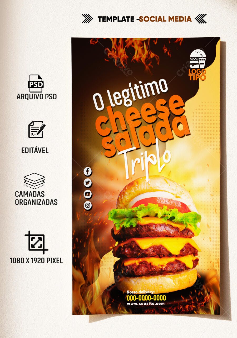 Flyer Social Media O Legítimo Cheese Salada Triplo PSD Editável