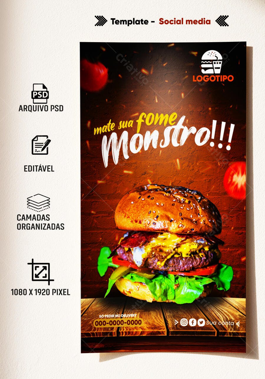 Flyer Vertical para Hamburguer Gigante Delivery PSD Editável