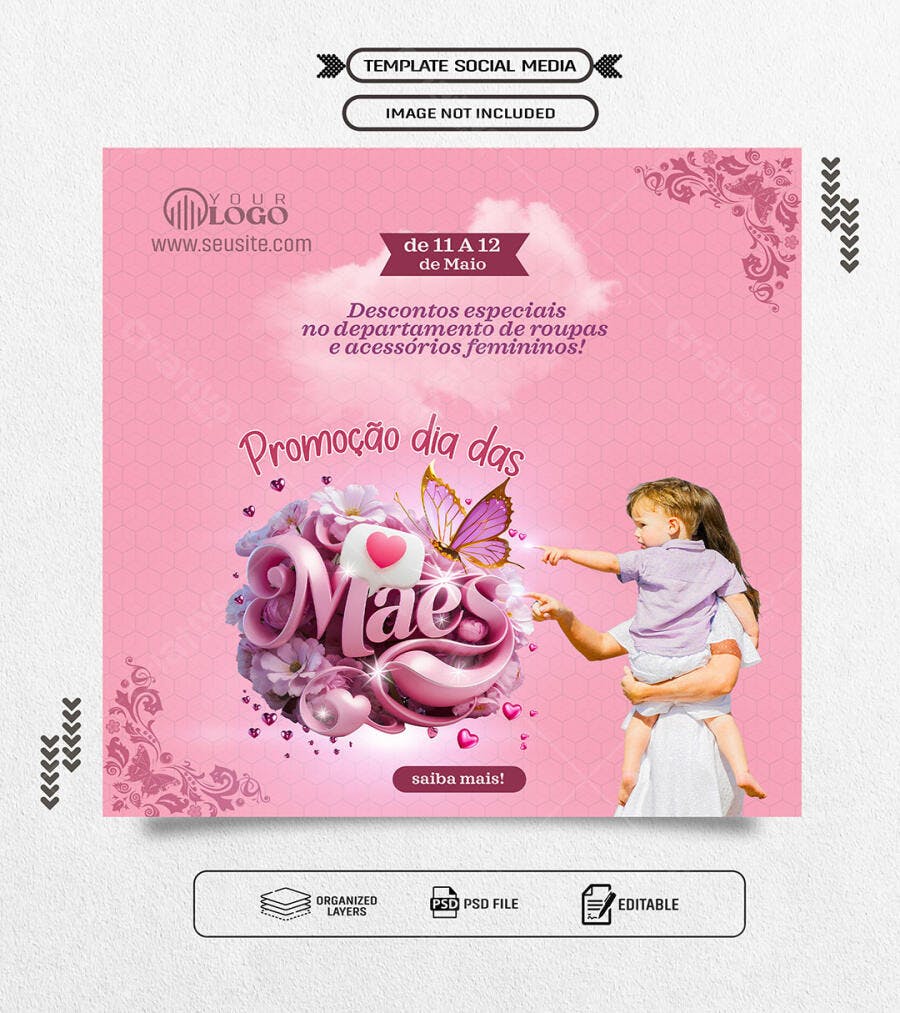 Flyer Dia das Mães Promoção Roupas e Acessórios Femininos PSD Editável
