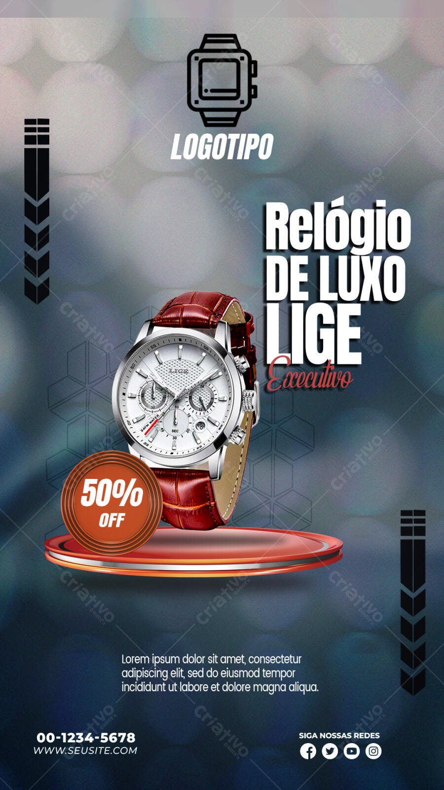 Flyer para Relógio de Luxo LIGE Executivo 50% OFF PSD Editável