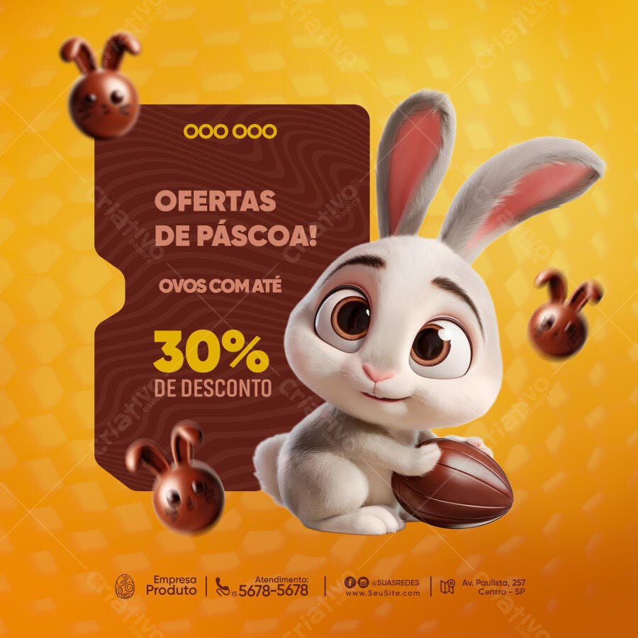 Flyer Ofertas de Páscoa Ovos com 30% Desconto Coelho PSD Editável