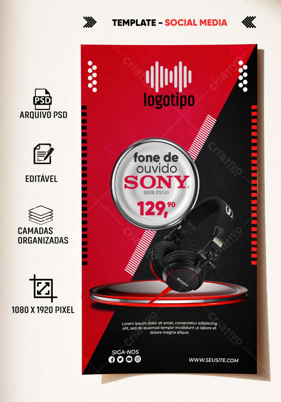 Flyer Promoção Fone de Ouvido Sony MDR-ZX110 Preto 129,90 PSD Editável