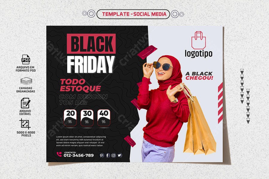 Flyer Black Friday com Mulher Shopper Sorrindo PSD Editável