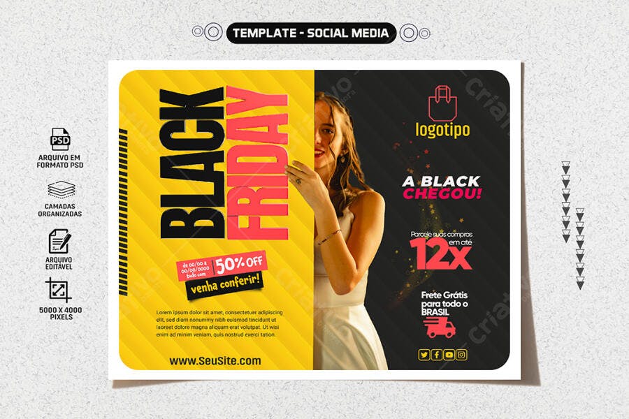 Flyer Digital Black Friday 50% OFF Frete Grátis PSD Editável