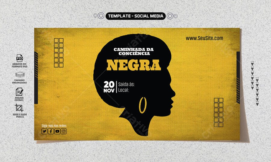 Post Redes Sociais Caminhada Consciência Negra Mulher Afro Silhueta PSD Editável