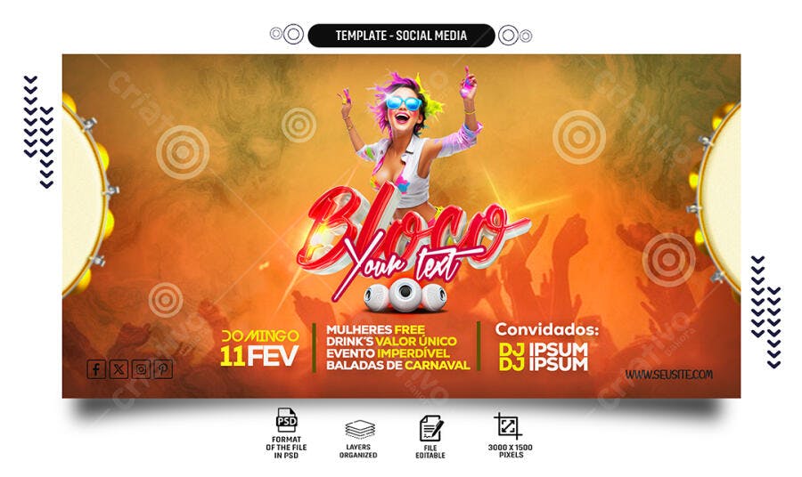Flyer de Bloco de Carnaval com Mulher Cabelo Colorido PSD Editável