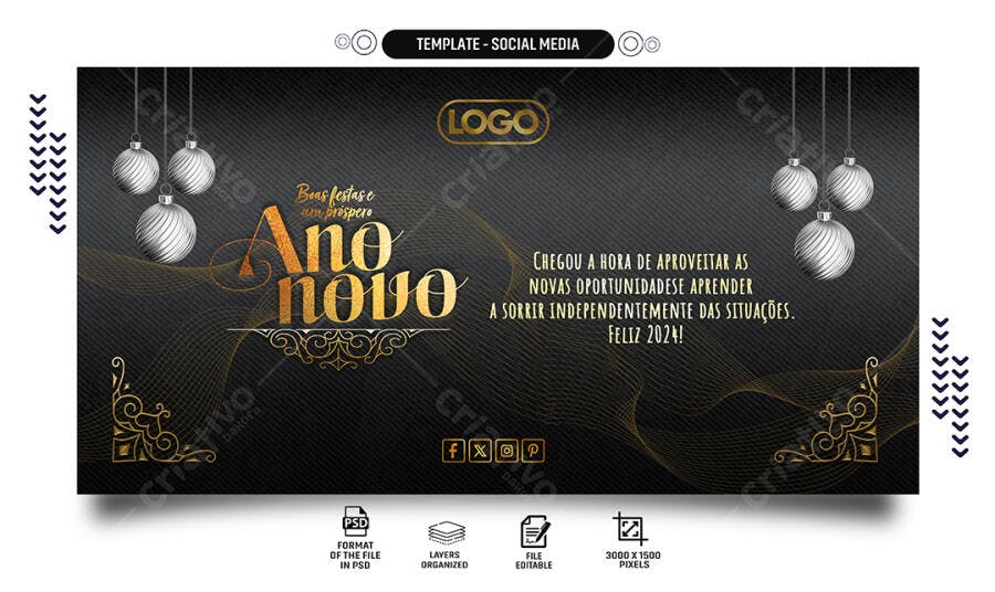 Post Redes Sociais Boas Festas Ano Novo Dourado PSD Editável