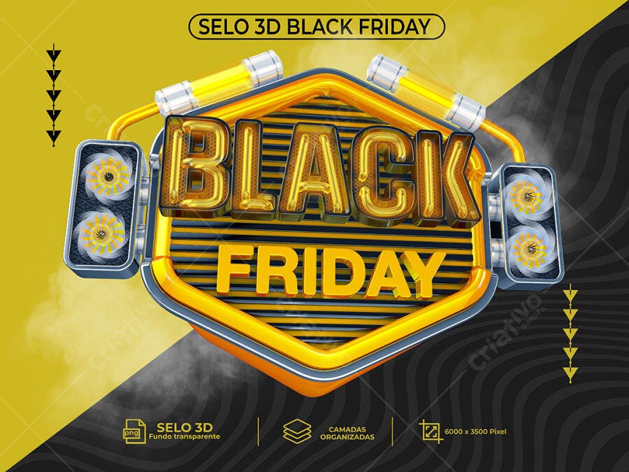 Selo 3D para Black Friday Dourado e Preto PSD Editável