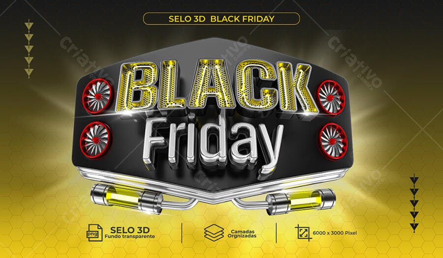 Selo 3D Black Friday Dourado e Prata PSD Editável
