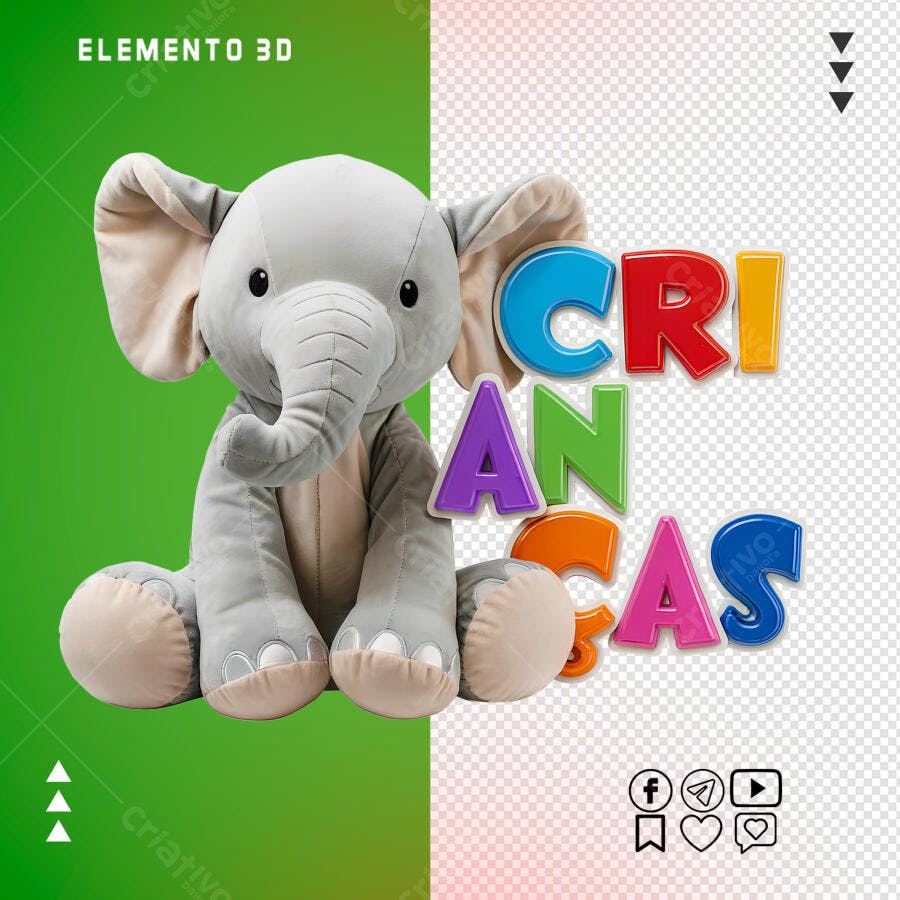 Ilustração 3D Elefante e Letras Crianças para Evento Infantil PSD Editável