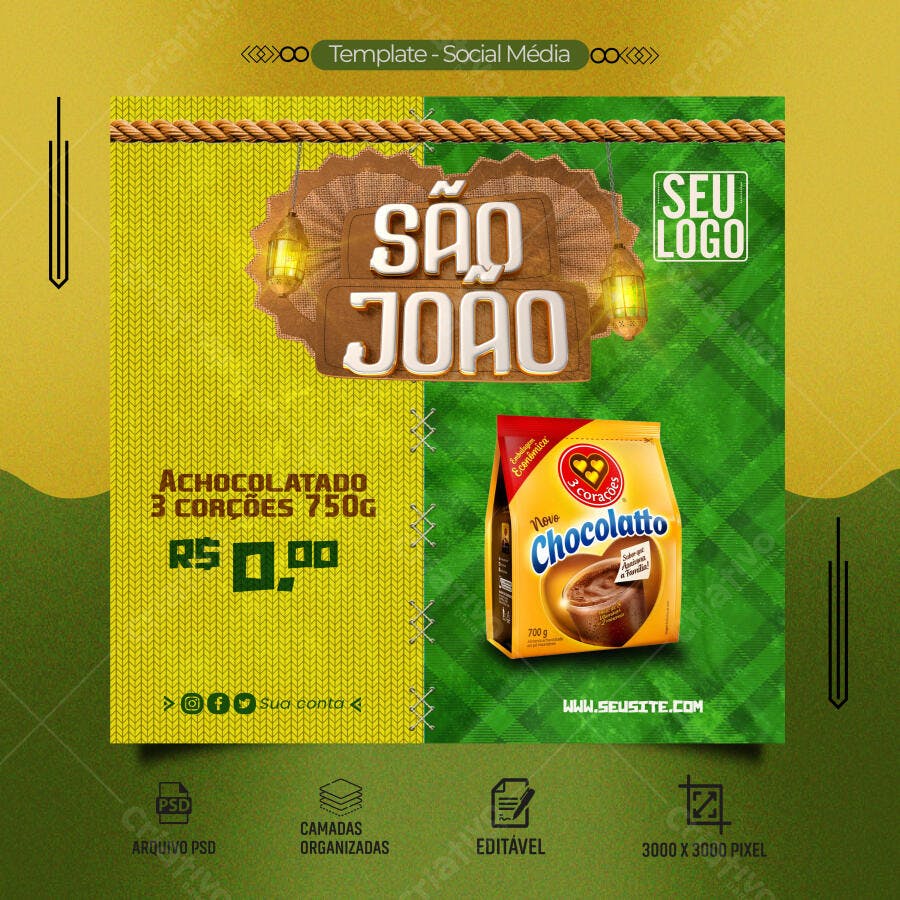 Flyer São João Achocolatado 3 Corações PSD Editável