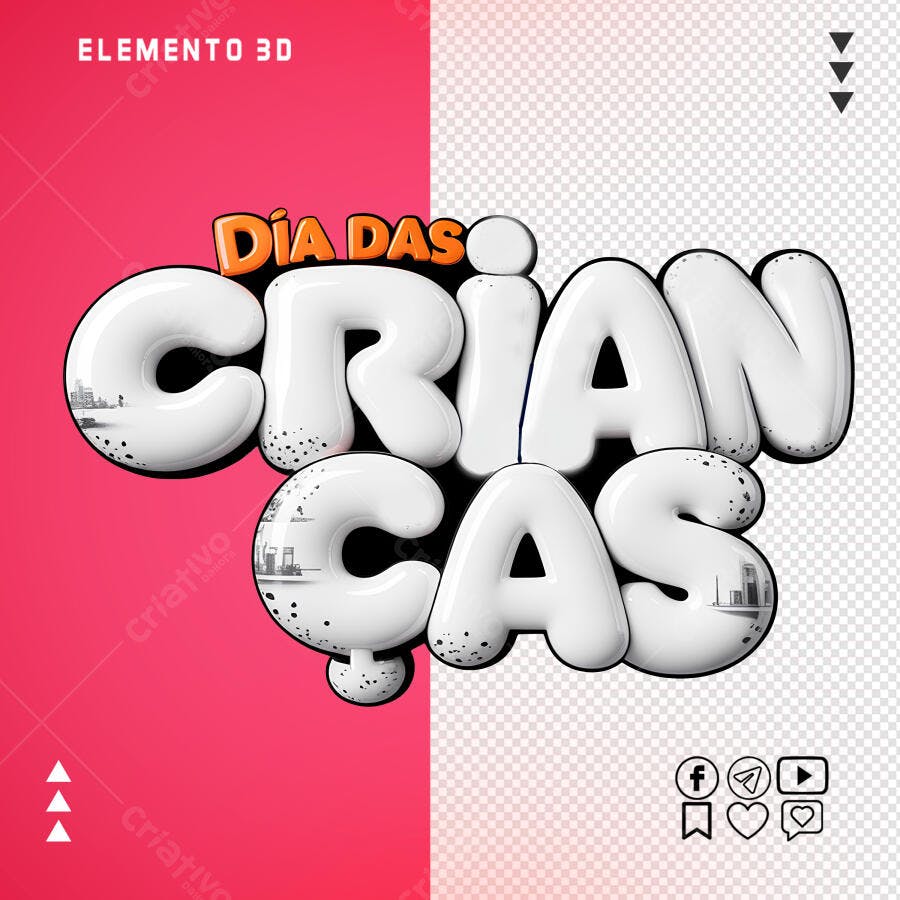 Texto 3D Dia das Crianças com Cidade PSD Editável