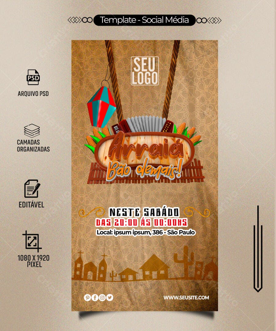 Flyer Social Mídia Festa Junina Arraiá Bão Demais PSD Editável