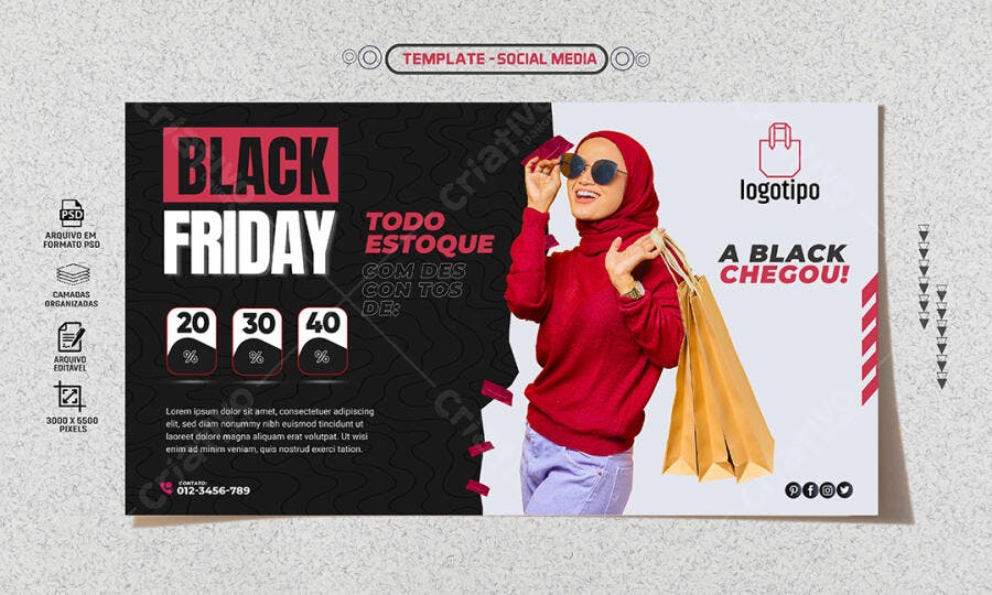 Flyer Social Media Black Friday Mulher Compras Descontos PSD Editável