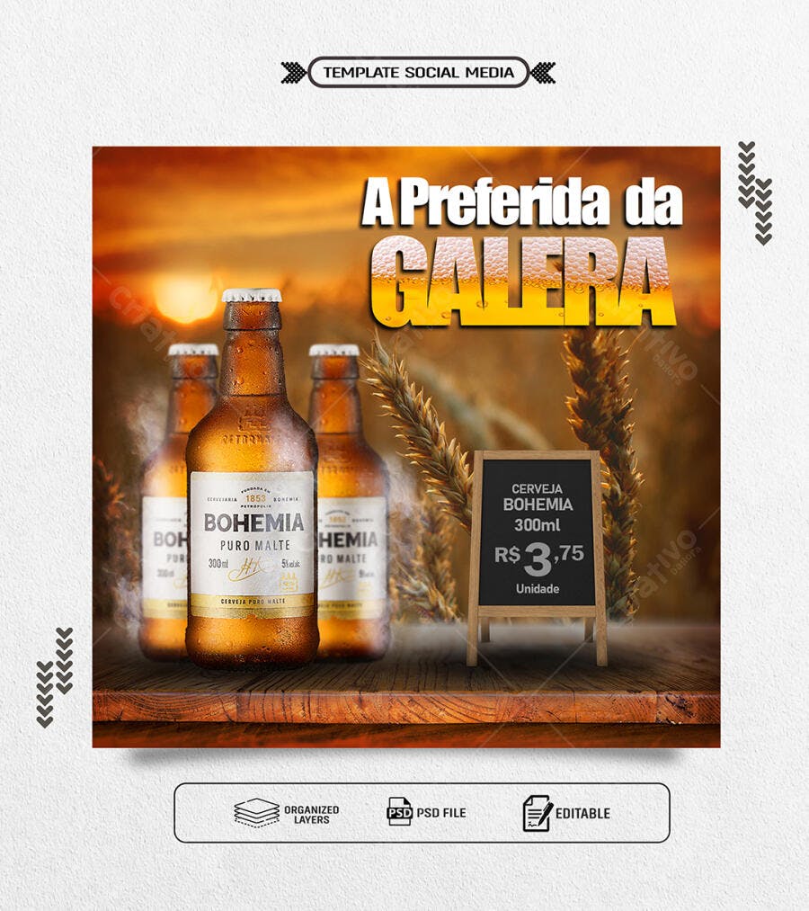 Flyer Social Media Cerveja Bohemia A Preferida da Galera PSD Editável