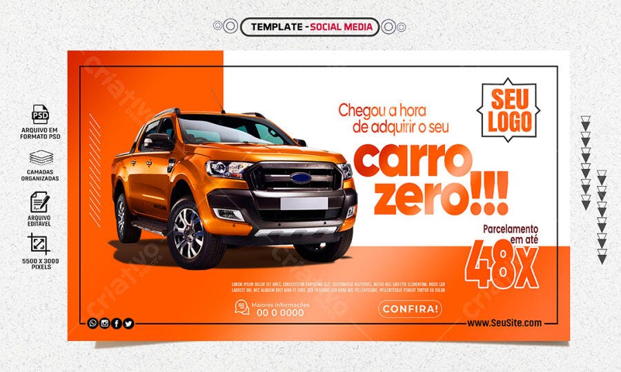 Post Social Media Carro Zero Laranja Automotivo 48x PSD Editável