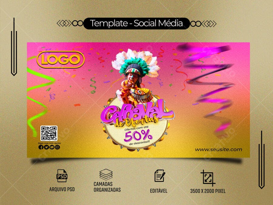 Banner Social Mídia para Carnaval de Ofertas 50% PSD Editável