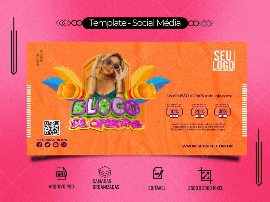 Flyer Redes Sociais Bloco de Ofertas com Modelo Loira PSD Editável