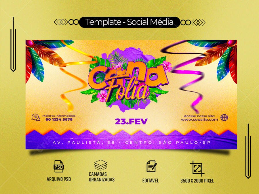 Post Redes Sociais Carna Folia Tropical com Penas Coloridas PSD Editável