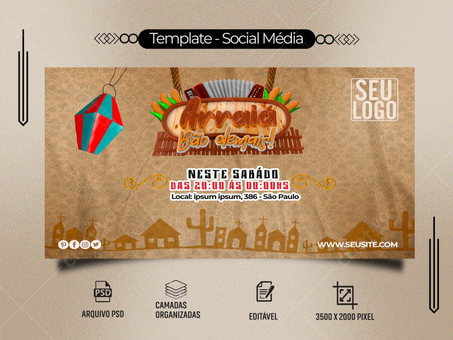 Flyer Social Mídia Festa Junina Arraiá Rústico PSD Editável